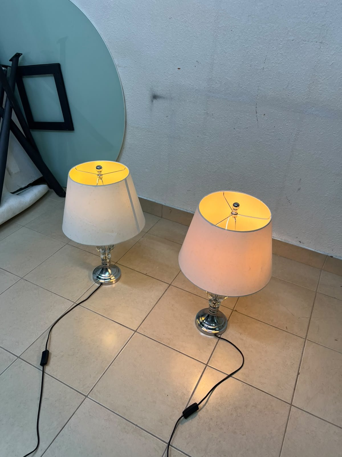 A pair of table lamps featuring chrome finishes and crystal-ball details, distinguished by classic cylindrical fabric shades. - Image 10