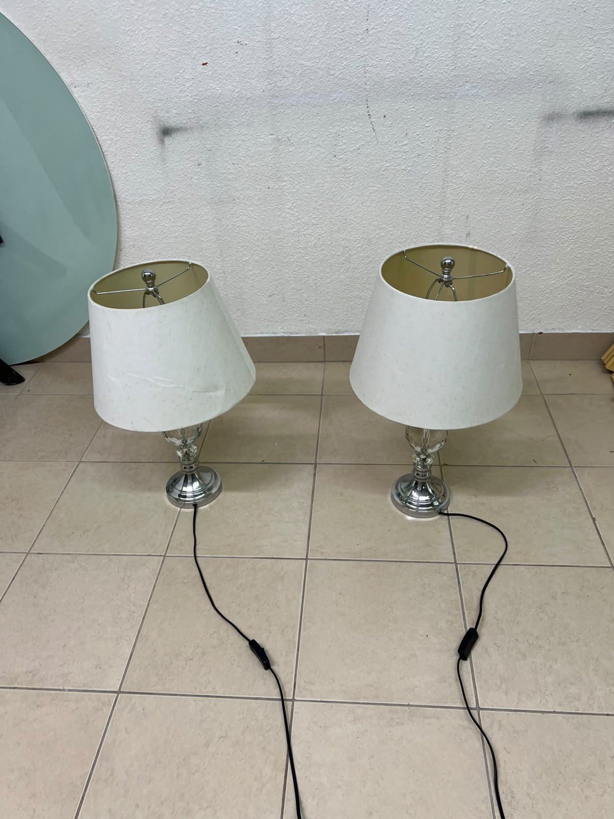A pair of table lamps featuring chrome finishes and crystal-ball details, distinguished by classic cylindrical fabric shades. - Image 9