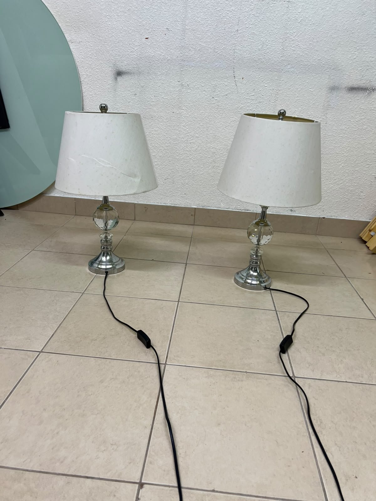 A pair of table lamps featuring chrome finishes and crystal-ball details, distinguished by classic cylindrical fabric shades. - Image 8
