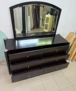 A dark wood double dresser with six drawers and a matching arched horizontal mirror, featuring a curved top frame and silver-colored metal handles. - Image 3