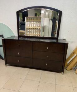A dark wood double dresser with six drawers and a matching arched horizontal mirror, featuring a curved top frame and silver-colored metal handles. - Image 4