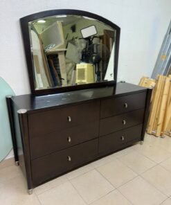 A dark wood double dresser with six drawers and a matching arched horizontal mirror, featuring a curved top frame and silver-colored metal handles. - Image 5