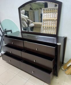 A dark wood double dresser with six drawers and a matching arched horizontal mirror, featuring a curved top frame and silver-colored metal handles. - Image 7