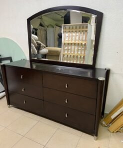 A dark wood double dresser with six drawers and a matching arched horizontal mirror, featuring a curved top frame and silver-colored metal handles. - Image 8