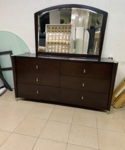 A dark wood double dresser with six drawers and a matching arched horizontal mirror, featuring a curved top frame and silver-colored metal handles. - Image 9