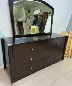 A dark wood double dresser with six drawers and a matching arched horizontal mirror, featuring a curved top frame and silver-colored metal handles. - Image 10