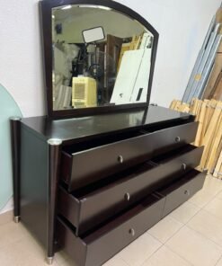 A dark wood double dresser with six drawers and a matching arched horizontal mirror, featuring a curved top frame and silver-colored metal handles. - Image 11
