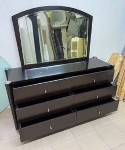 A dark wood double dresser with six drawers and a matching arched horizontal mirror, featuring a curved top frame and silver-colored metal handles. - Image 2