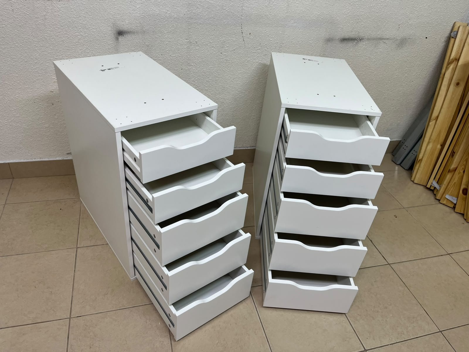 Two white IKEA ALEX drawer units (36x70 cm), featuring a practical and stylish design suitable for organizing items or serving as a desk base. - Image 3