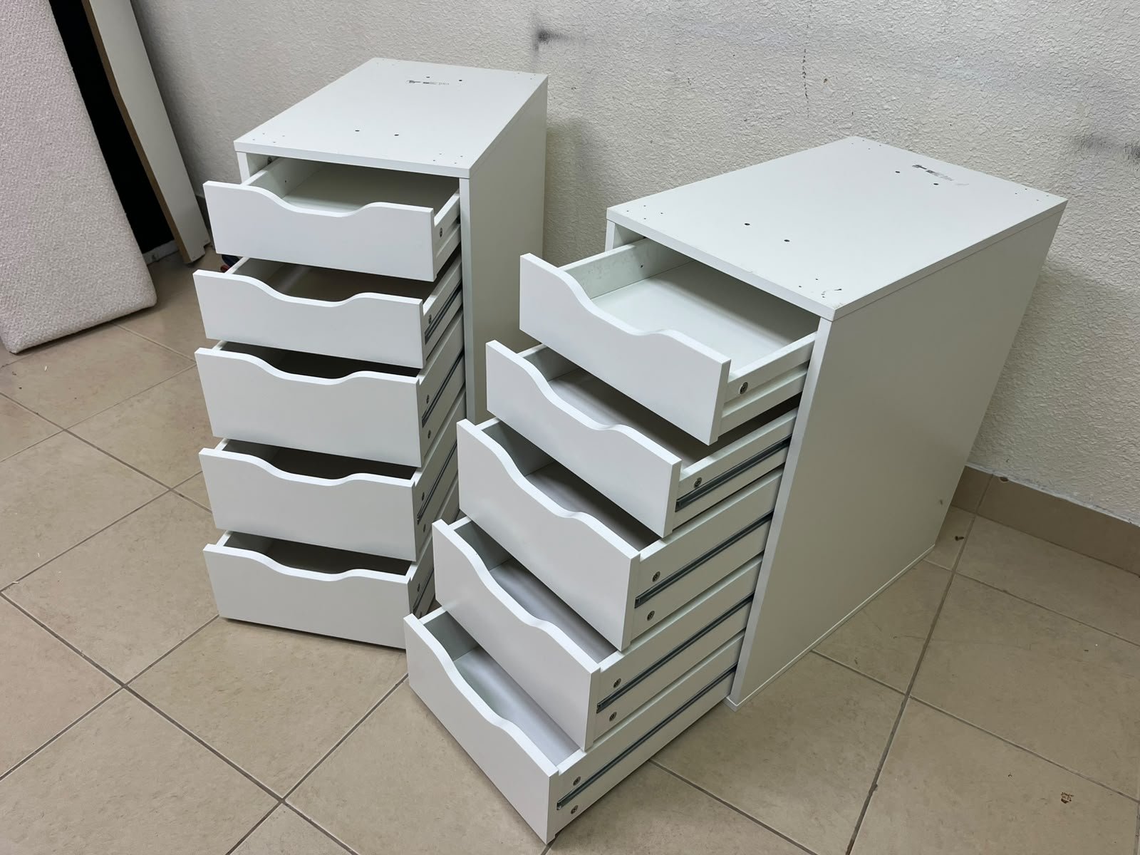 Two white IKEA ALEX drawer units (36x70 cm), featuring a practical and stylish design suitable for organizing items or serving as a desk base. - Image 12