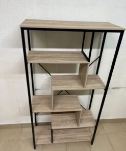 A shelving unit featuring a modern industrial design, consisting of a sturdy black metal frame and natural-look wooden shelves arranged in a tiered, graduated-width layout. - Image 7