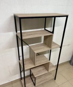 A shelving unit featuring a modern industrial design, consisting of a sturdy black metal frame and natural-look wooden shelves arranged in a tiered, graduated-width layout. - Image 8
