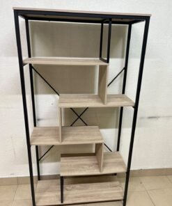 A shelving unit featuring a modern industrial design, consisting of a sturdy black metal frame and natural-look wooden shelves arranged in a tiered, graduated-width layout.