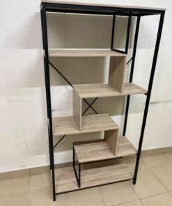 A shelving unit featuring a modern industrial design, consisting of a sturdy black metal frame and natural-look wooden shelves arranged in a tiered, graduated-width layout. - Image 10