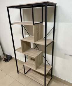 A shelving unit featuring a modern industrial design, consisting of a sturdy black metal frame and natural-look wooden shelves arranged in a tiered, graduated-width layout. - Image 11