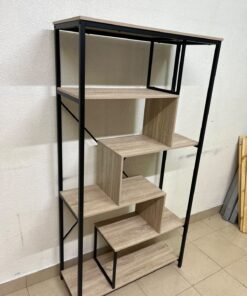 A shelving unit featuring a modern industrial design, consisting of a sturdy black metal frame and natural-look wooden shelves arranged in a tiered, graduated-width layout. - Image 2