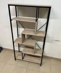 A shelving unit featuring a modern industrial design, consisting of a sturdy black metal frame and natural-look wooden shelves arranged in a tiered, graduated-width layout. - Image 3