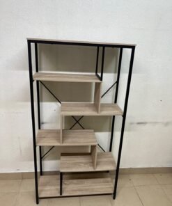 A shelving unit featuring a modern industrial design, consisting of a sturdy black metal frame and natural-look wooden shelves arranged in a tiered, graduated-width layout. - Image 4