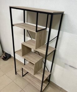 A shelving unit featuring a modern industrial design, consisting of a sturdy black metal frame and natural-look wooden shelves arranged in a tiered, graduated-width layout. - Image 6