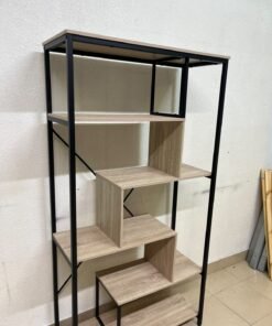 A shelving unit featuring a modern industrial design, consisting of a sturdy black metal frame and natural-look wooden shelves arranged in a tiered, graduated-width layout. - Image 5