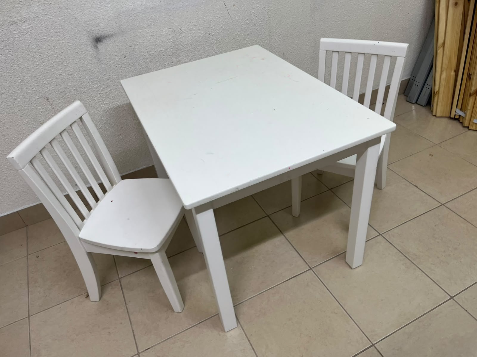 Home Centre children's table and two-chair set featuring a white wood design. - Image 11