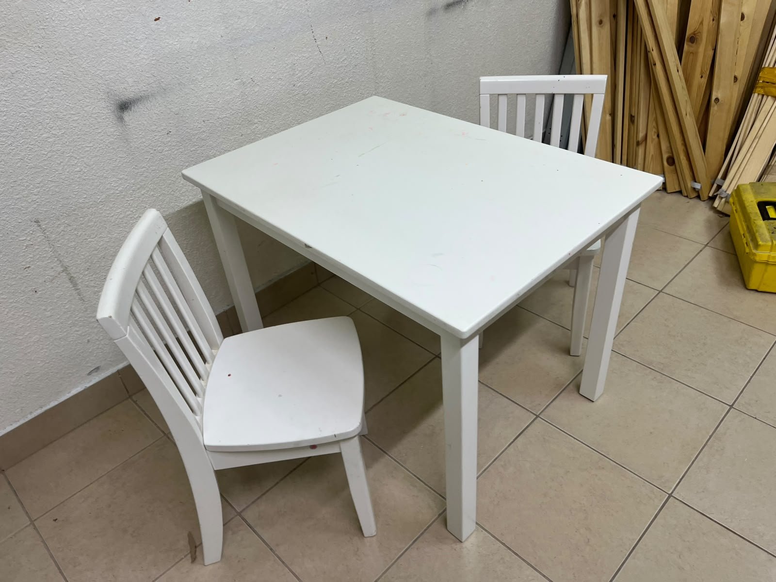 Home Centre children's table and two-chair set featuring a white wood design. - Image 3