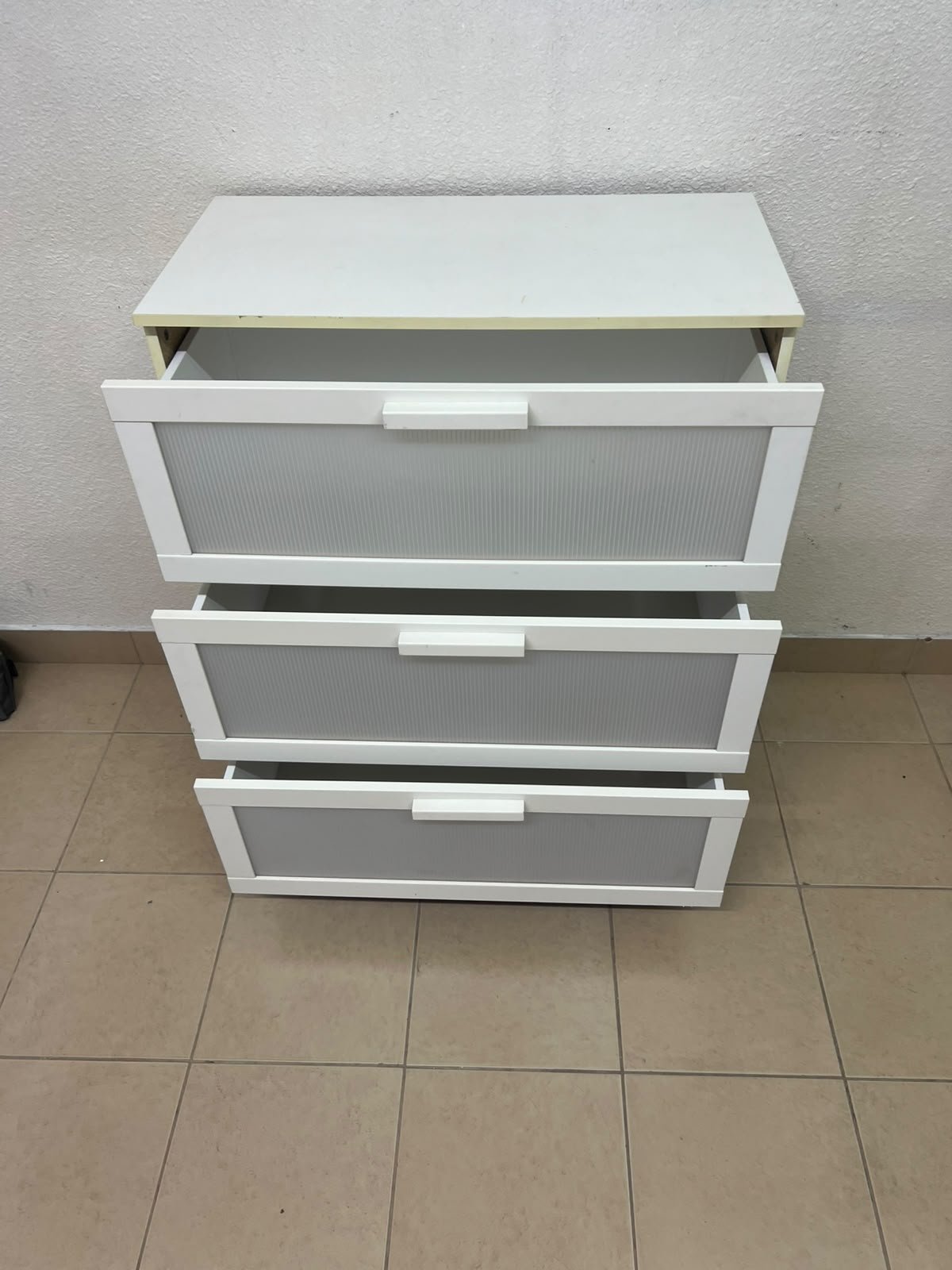 A white three-drawer chest with grey striped drawer fronts, similar to the IKEA Aneboda. - Image 6
