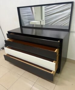A dark brown wooden dresser featuring a wide white central drawer, accompanied by a large mirror with a matching rectangular frame. - Image 3
