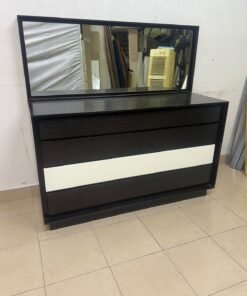 A dark brown wooden dresser featuring a wide white central drawer, accompanied by a large mirror with a matching rectangular frame. - Image 4