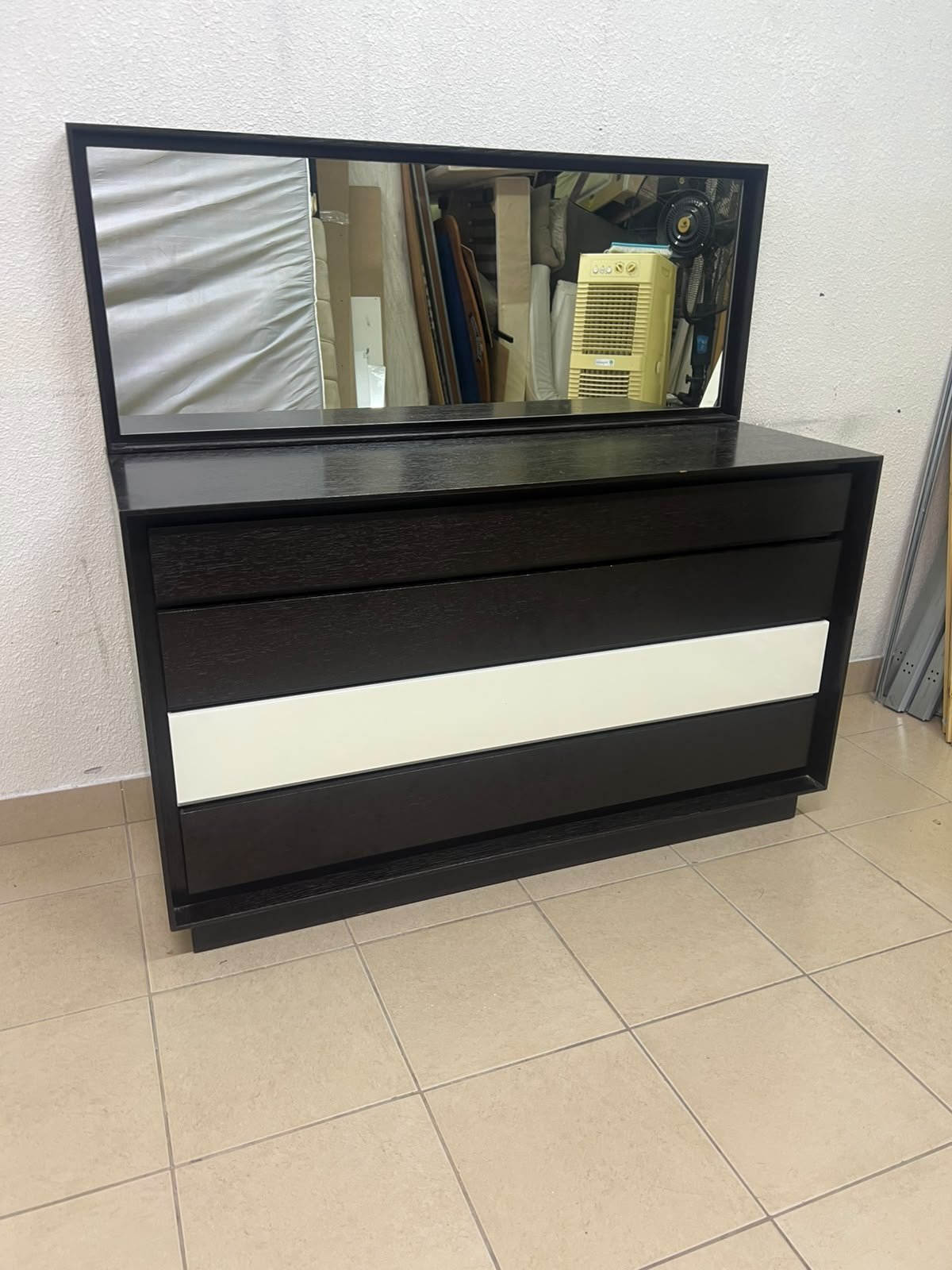 A dark brown wooden dresser featuring a wide white central drawer, accompanied by a large mirror with a matching rectangular frame. - Image 4