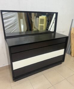 A dark brown wooden dresser featuring a wide white central drawer, accompanied by a large mirror with a matching rectangular frame. - Image 5