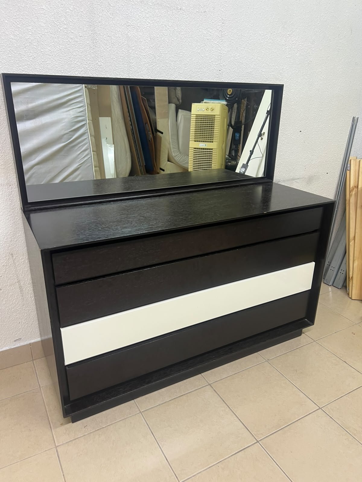 A dark brown wooden dresser featuring a wide white central drawer, accompanied by a large mirror with a matching rectangular frame. - Image 5