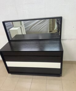 A dark brown wooden dresser featuring a wide white central drawer, accompanied by a large mirror with a matching rectangular frame. - Image 7