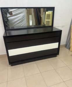 A dark brown wooden dresser featuring a wide white central drawer, accompanied by a large mirror with a matching rectangular frame. - Image 8