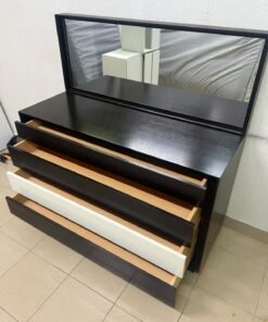 A dark brown wooden dresser featuring a wide white central drawer, accompanied by a large mirror with a matching rectangular frame. - Image 9