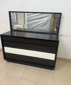 A dark brown wooden dresser featuring a wide white central drawer, accompanied by a large mirror with a matching rectangular frame. - Image 10