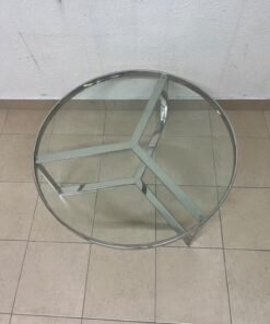 A round coffee table featuring a silver-colored metal frame (steel or chrome), a clear glass top, and a geometric crisscross base design. - Image 7