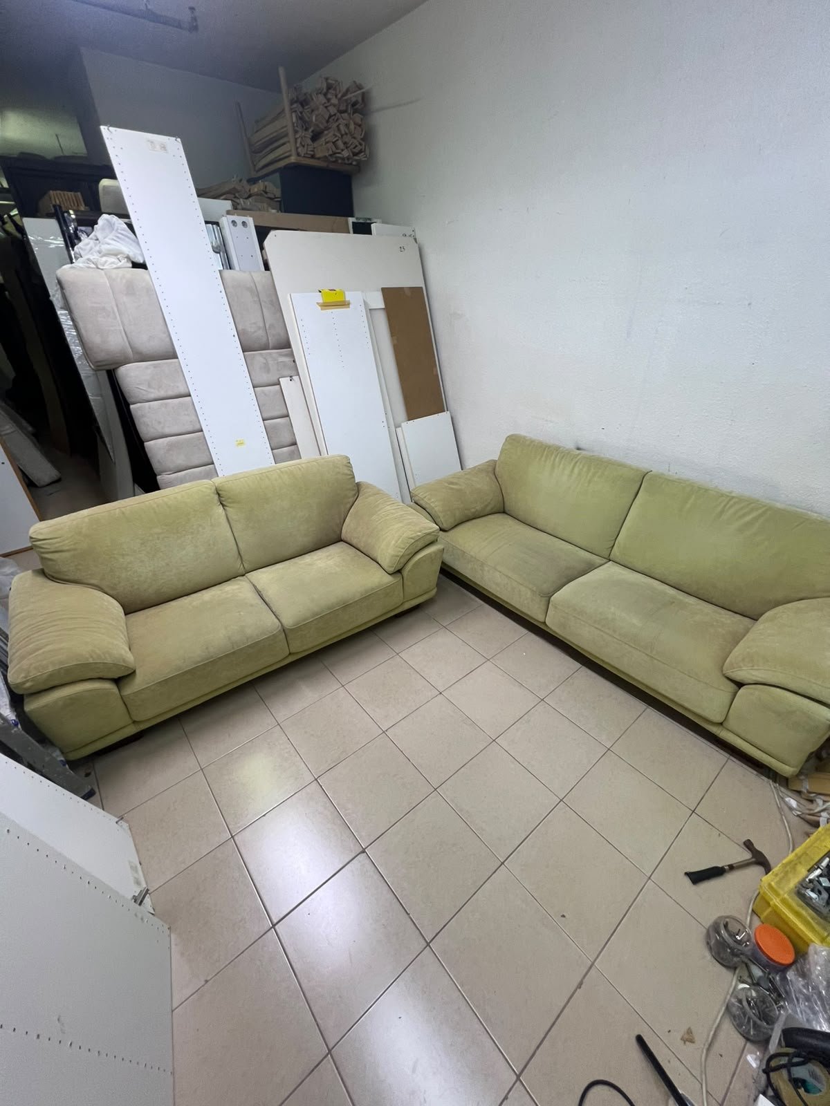 A light green (or light olive) velvet sofa set featuring a comfortable, wide design with prominent armrests. - Image 8