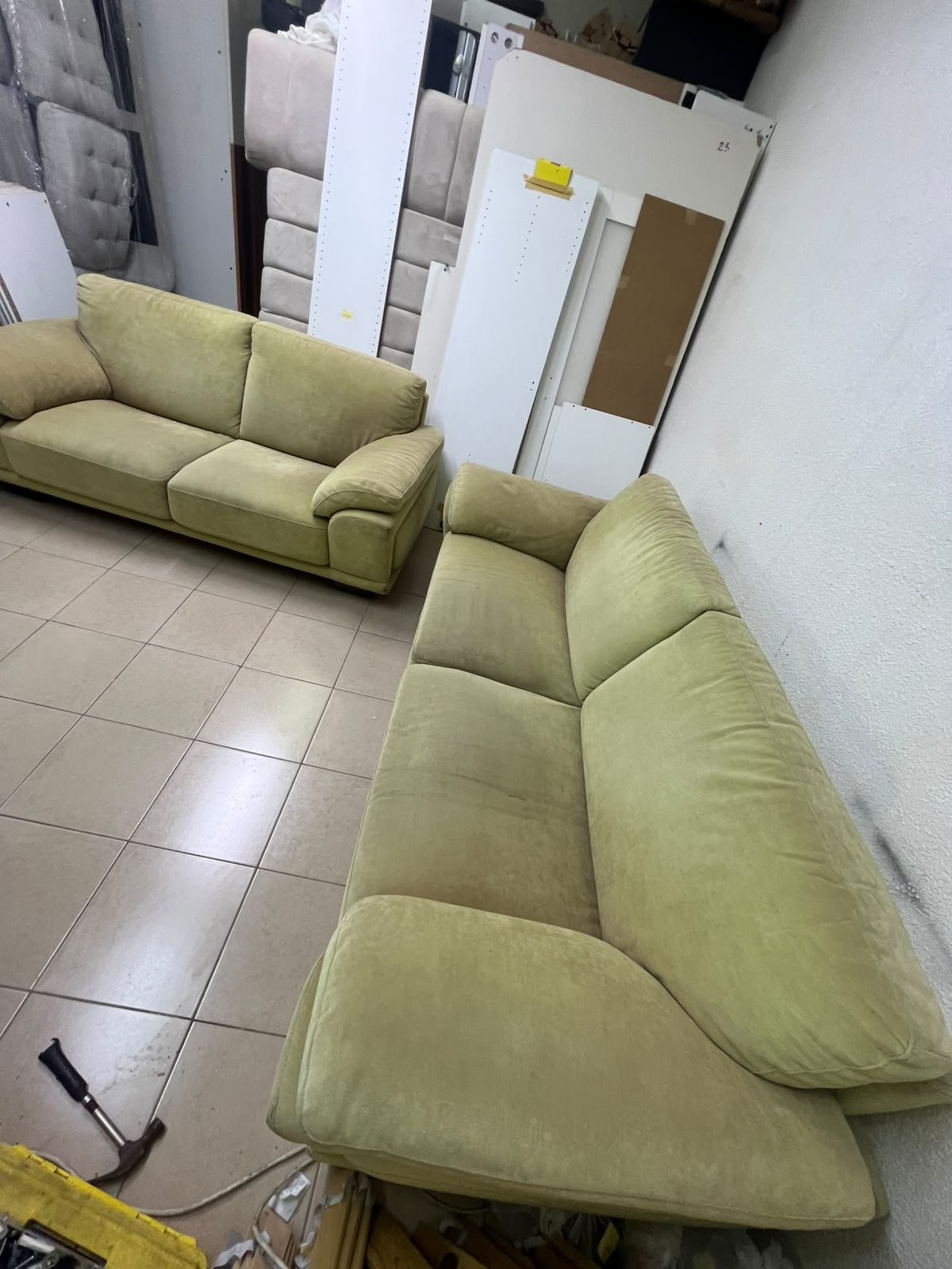 A light green (or light olive) velvet sofa set featuring a comfortable, wide design with prominent armrests. - Image 11