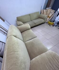 A light green (or light olive) velvet sofa set featuring a comfortable, wide design with prominent armrests. - Image 3