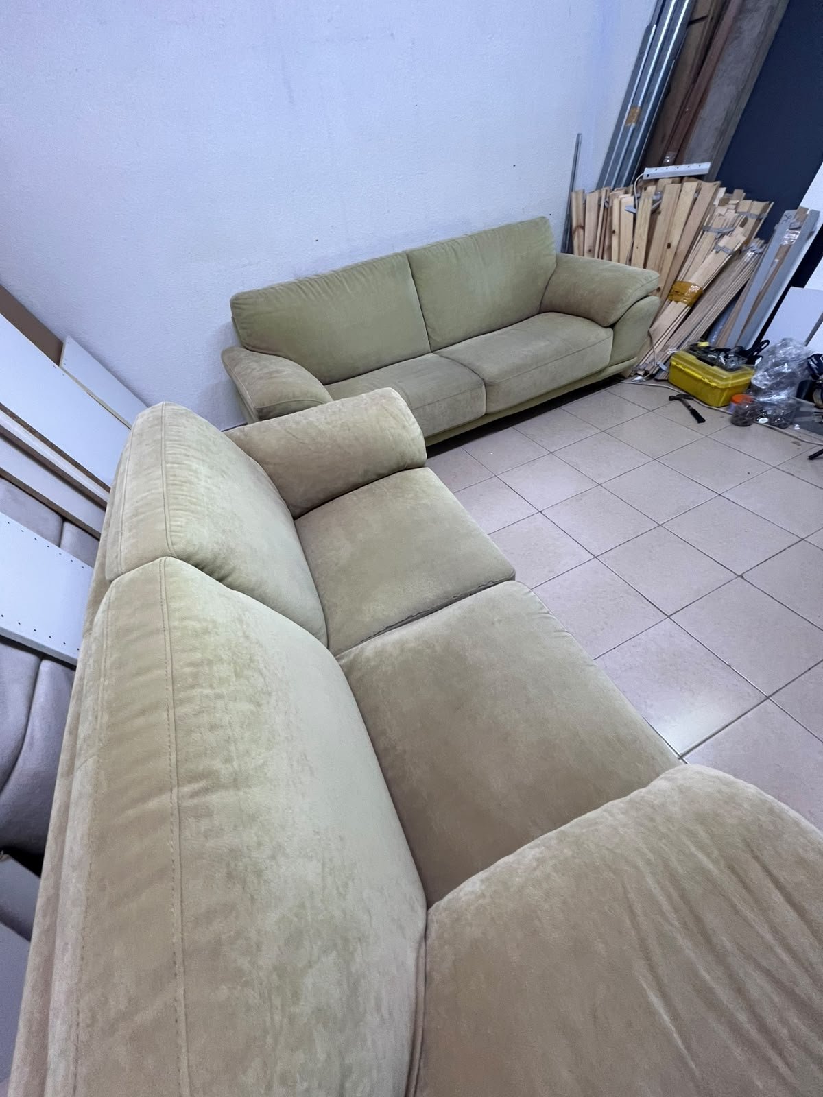 A light green (or light olive) velvet sofa set featuring a comfortable, wide design with prominent armrests. - Image 3