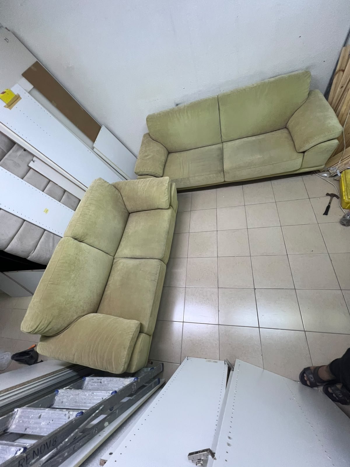 A light green (or light olive) velvet sofa set featuring a comfortable, wide design with prominent armrests. - Image 4