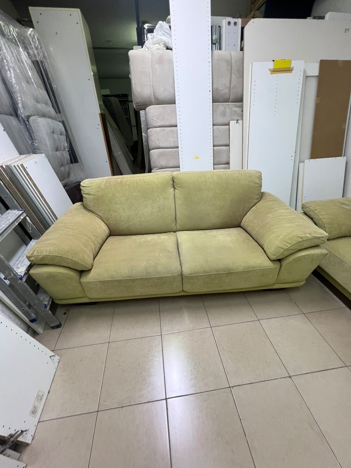 A light green (or light olive) velvet sofa set featuring a comfortable, wide design with prominent armrests. - Image 5