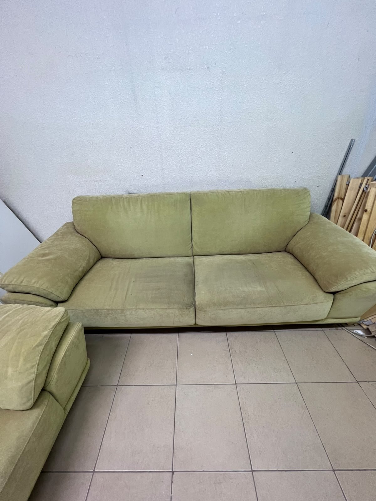 A light green (or light olive) velvet sofa set featuring a comfortable, wide design with prominent armrests. - Image 6