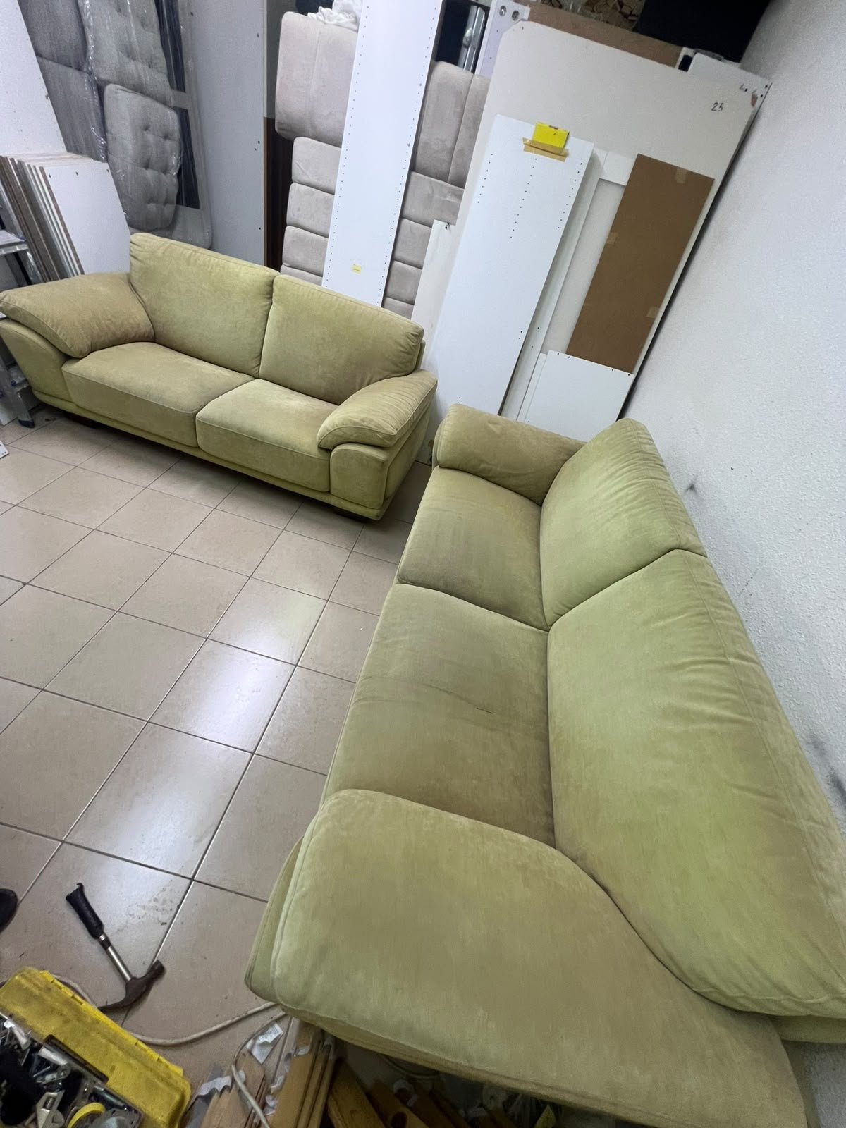 A light green (or light olive) velvet sofa set featuring a comfortable, wide design with prominent armrests. - Image 9