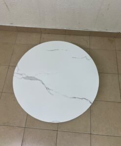 This round coffee table is elegant, featuring a cream-colored ribbed base and a stone tabletop with a marble-like pattern. - Image 6