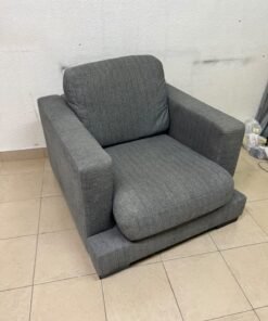 This is a single-seater chair (armchair) featuring a modern design, upholstered in gray fabric, with wide, square armrests.