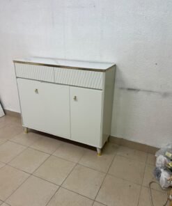 A white shoe cabinet or entryway storage unit (console) featuring a modern design, ribbed upper drawers, and gold accents on the handles and legs. - Image 10