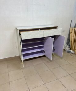 A white shoe cabinet or entryway storage unit (console) featuring a modern design, ribbed upper drawers, and gold accents on the handles and legs. - Image 7