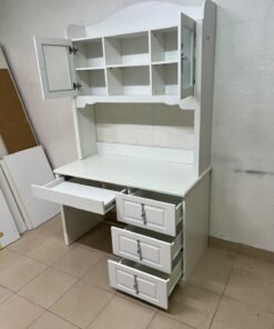 A complete white study desk featuring an overhead hutch, distinguished by its upper cabinets with glass doors and decorative handles. - Image 3